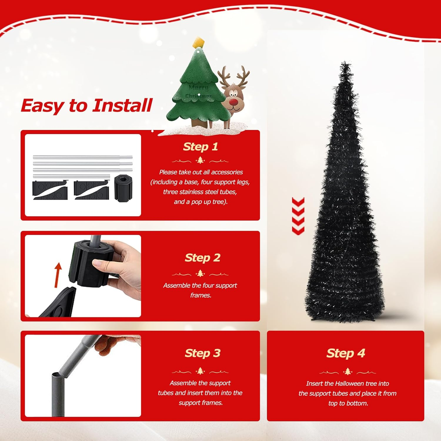 YUQI 5' Slim Black Tinsel Pop-Up Artificial Halloween Christmas Tree,Collapsible Pencil Halloween Christmas Trees Features Sequins Accents for Apartments,Dorm Rooms,Fireplace or Party image number 5