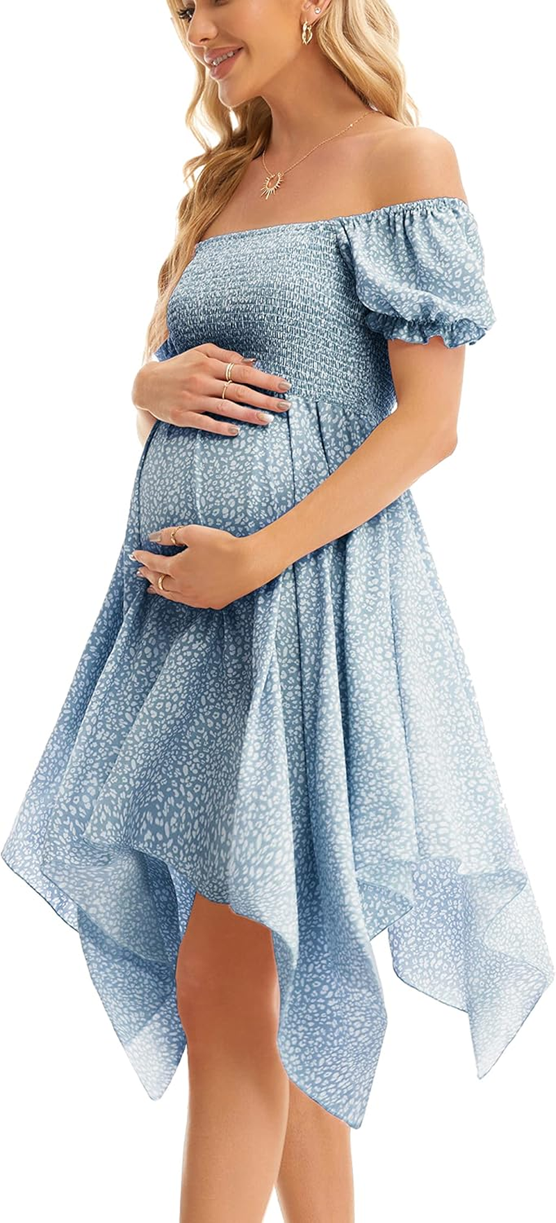 Maternity Summer Short Puff Sleeve Floral Maternity Dress, Square Neck Flowy Irregular Hem Baby Shower Dress