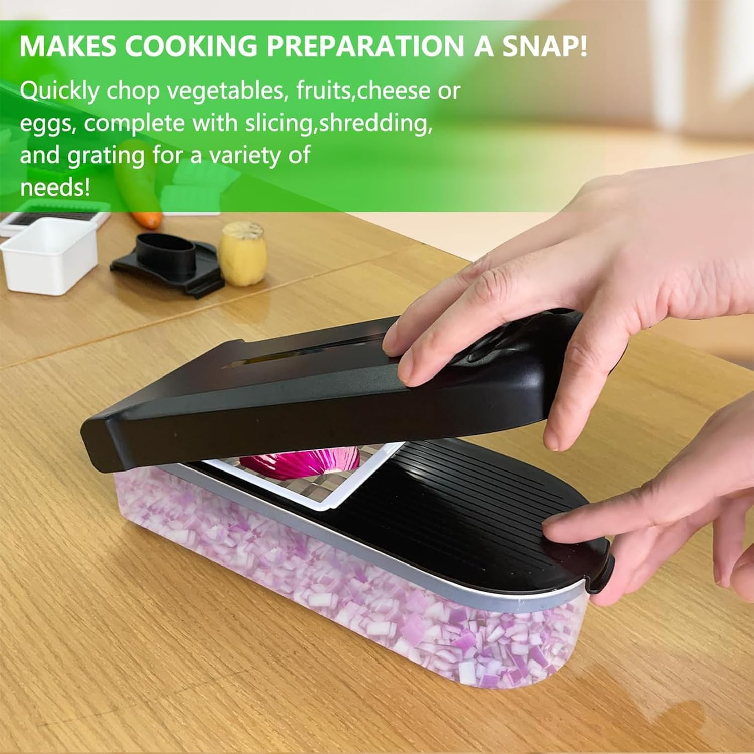 Vegetable Chopper Cutter Stainless Steel Slicer Cheese Grater Food Onion Salad Veggie Food Chopper with Container for Onion Salad (Black) image number 4