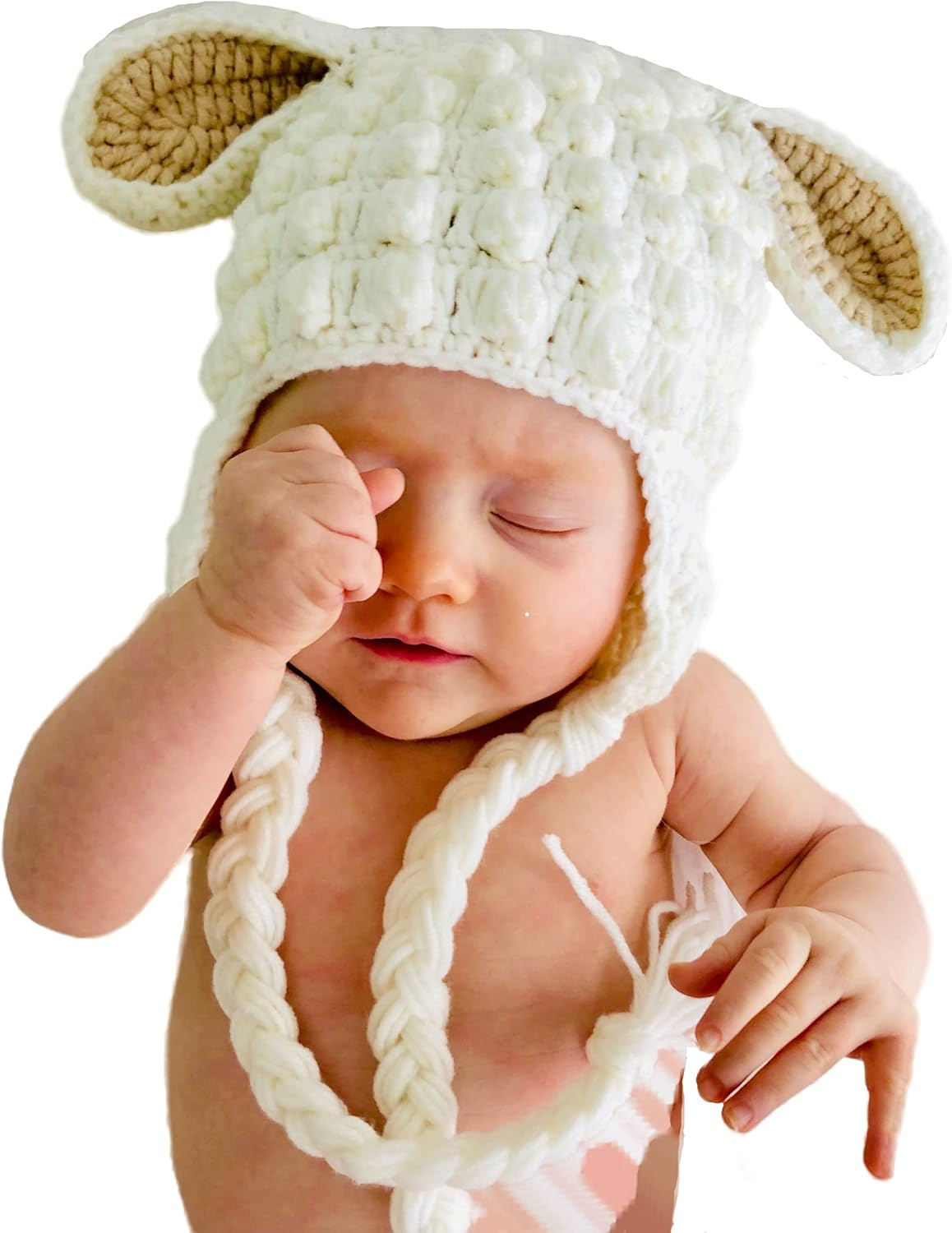 Tinker Tot Winter Baby Beanie L Lamb 1-4 Months Soft & Warm Crocket Knit Kids Beanie for Boys and Girls with Warm Earflap L Handmade Newborn Baby to Toddler Beanie Hat &ndash; S image number 1