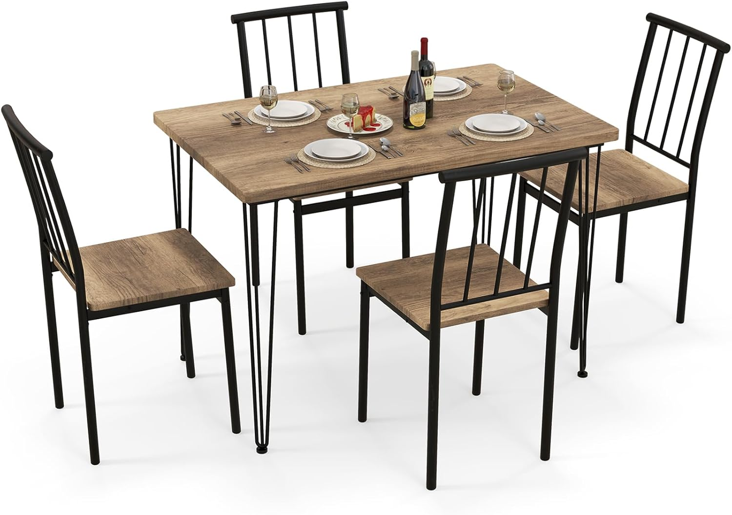 Giantex 5-Piece Dining Table Set for Small Space, Kitchen Table Set for 4, Dining Room Table & 4 Chairs with Metal Frame, Rustic Dining Set for Home Restaurant (Walnut)