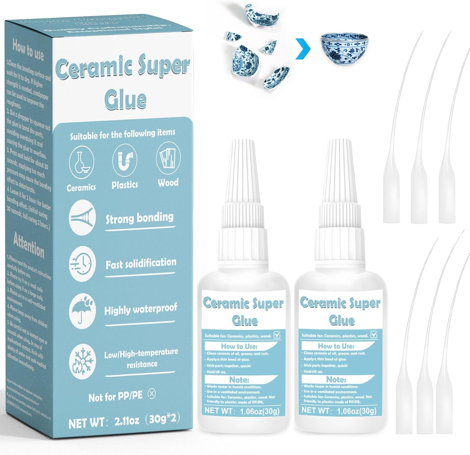 WAN2TLK Ceramic Glue 60G, Waterproof Ceramic Glue Repair for Pottery, Heat-Resistant, Porcelain Glue for Bonding Pottery, Glass, Plastic, Acrylic, Metal, Wood, Rubber - 6 Applicator Nozzles image number 5