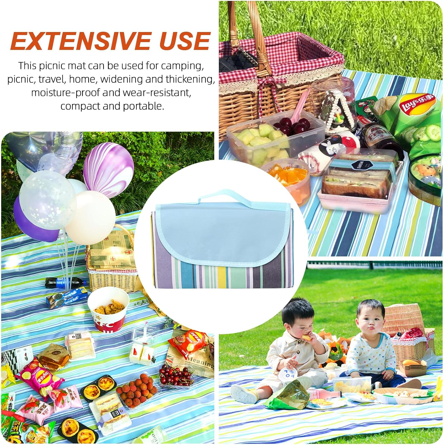 Tanstic Outdoor Picnic Blanket, 79" X 79" Extra Large Waterproof Foldable Beach Mat with Carry Strap for Camping Park (Blue Stripes) image number 3