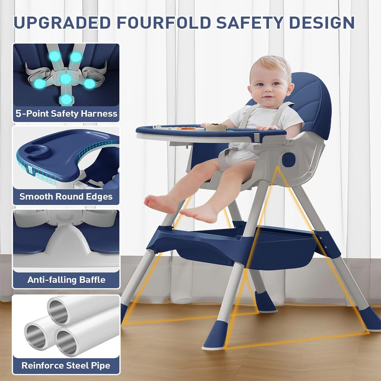 Baby High Chair for Babies and Toddlers with 360 Degree Rotatable Wheels 6 in 1/3 in 1 Foldable and Portable Children'S Highchair Suitable for Babies of All Ages to Grow up (Navy Blue) image number 4
