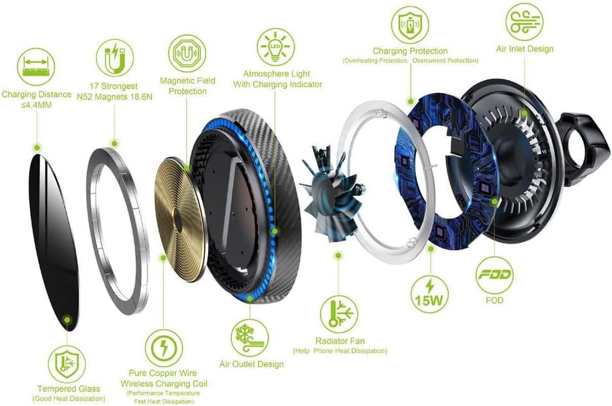 A2C Universal Qi2 Magnetic Car Mount 15W Wireless Charger [Car Plug, USB-C Cable & Metal Ring] for Iphone 17 16 15 14 13 12 Magsafe Case, Magnet Air Vent Phone Holder Cooling Charging - Black image number 1