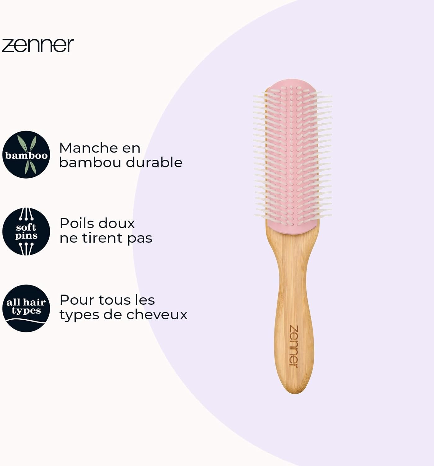 Zenner Bamboo Styling Brush - Adaptable Detangling Brush with Removable Nylon Rows - for Curly, Thick or Voluminous Hair - Lightweight Natural Bamboo Handle image number 2