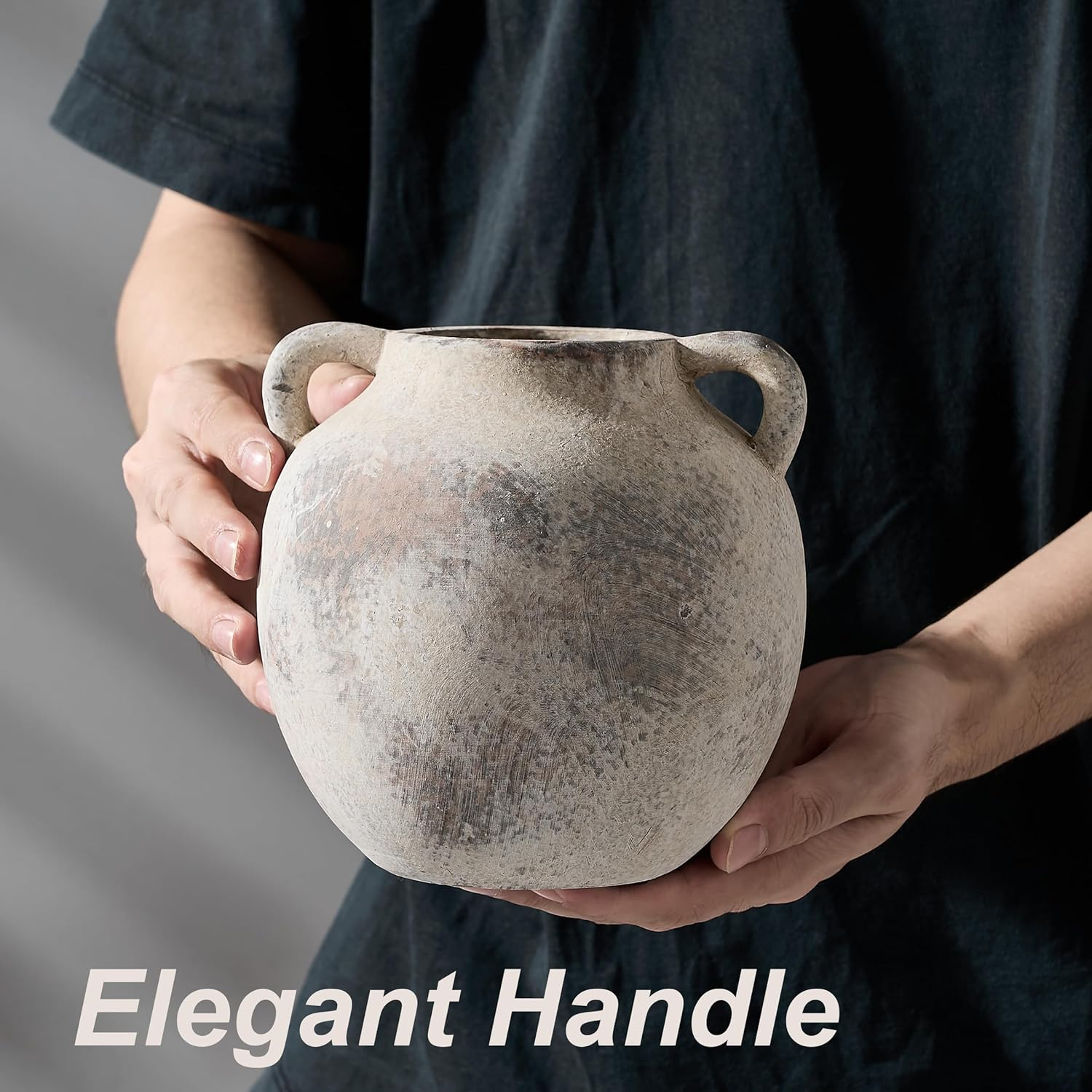 5.8 Inch Terracotta Vase with Handles, Rustic Vase for Home Decor, Farmhouse, Living Room, Table - Gray, Set of 1 image number 6