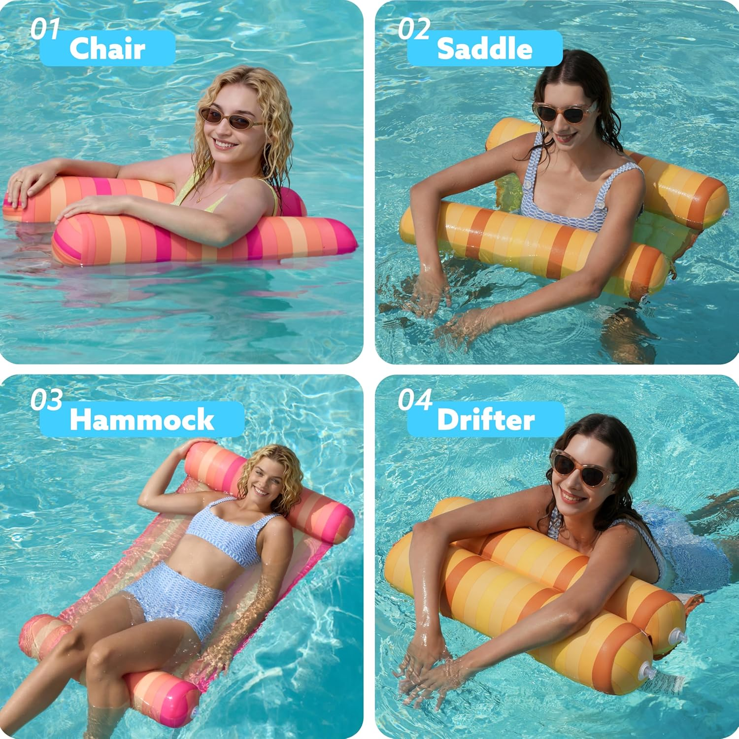 Sloosh 3 Pack Inflatable Pool Float Hammock, Water Hammock Lounges, Multi-Purpose Swimming Pool Accessories (Saddle, Lounge Chair, Hammock, Drifter) for Pool, Lake, Outdoor, Beach image number 1