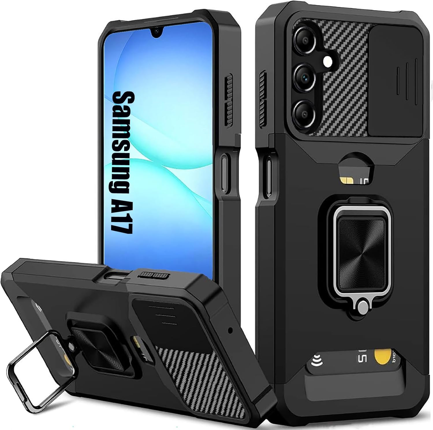 Rojarou for Samsung A17 Case with Card Holder,For Samsung Galaxy A17 Case with [Slide Camera Cover][360&deg; Rotate Ring Stand] Heavy Duty Protective Phone Case for A17 5G-Black image number 6