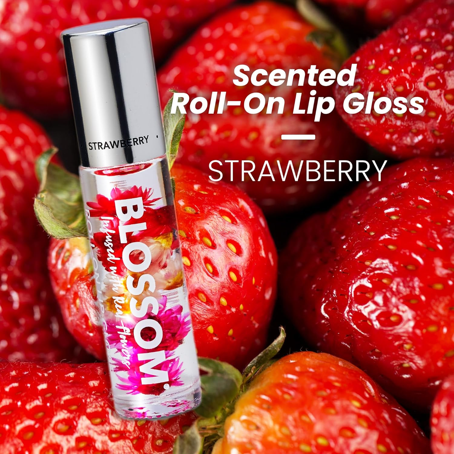 Blossom Roll on Lip Gloss, Scented Clear High Shine Moisturizing Lip Oil, Non Sticky, Infused with Real Flowers, Made in USA, 0.2Oz, Strawberry image number 5