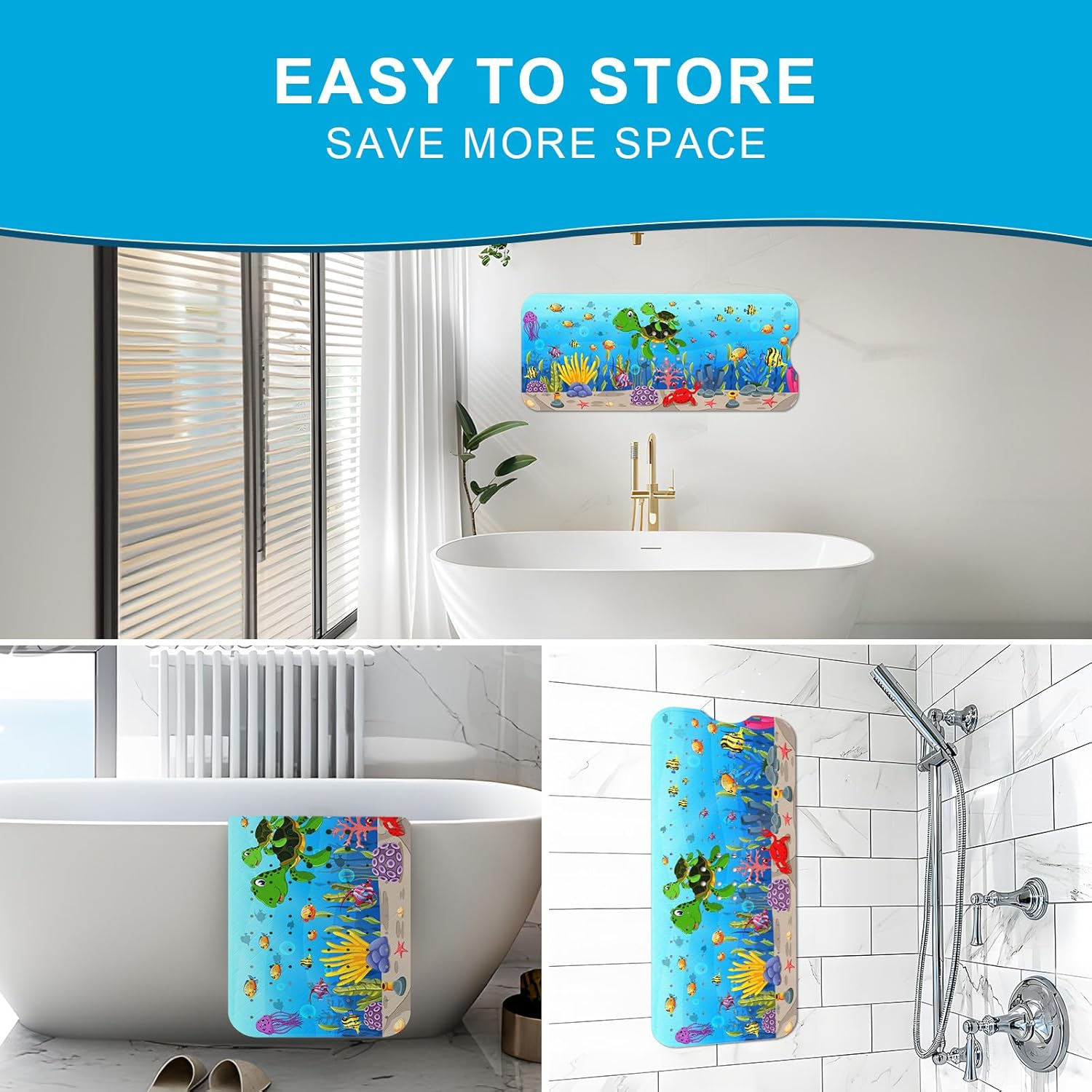 XIYUNTE Baby Bath Mat Non Slip anti Mould, 100X40Cm Extra Long Bathtub Mat anti Slip Shower Mat with Suction Cups and Drain Holes, Cartoon Patterned for Kids, Machine Washable, Sea Turtle image number 5