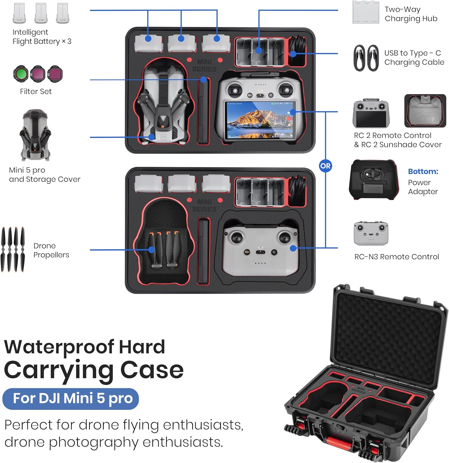 STARTRC Mini 5 Pro Case, Waterproof Hard Carry Case for DJI Mini 5 Pro Fly More Combo Accessories for DJI RC 2/RC-N3 Controller,7 Battery&Charger Hub[Case ONLY] image number 1