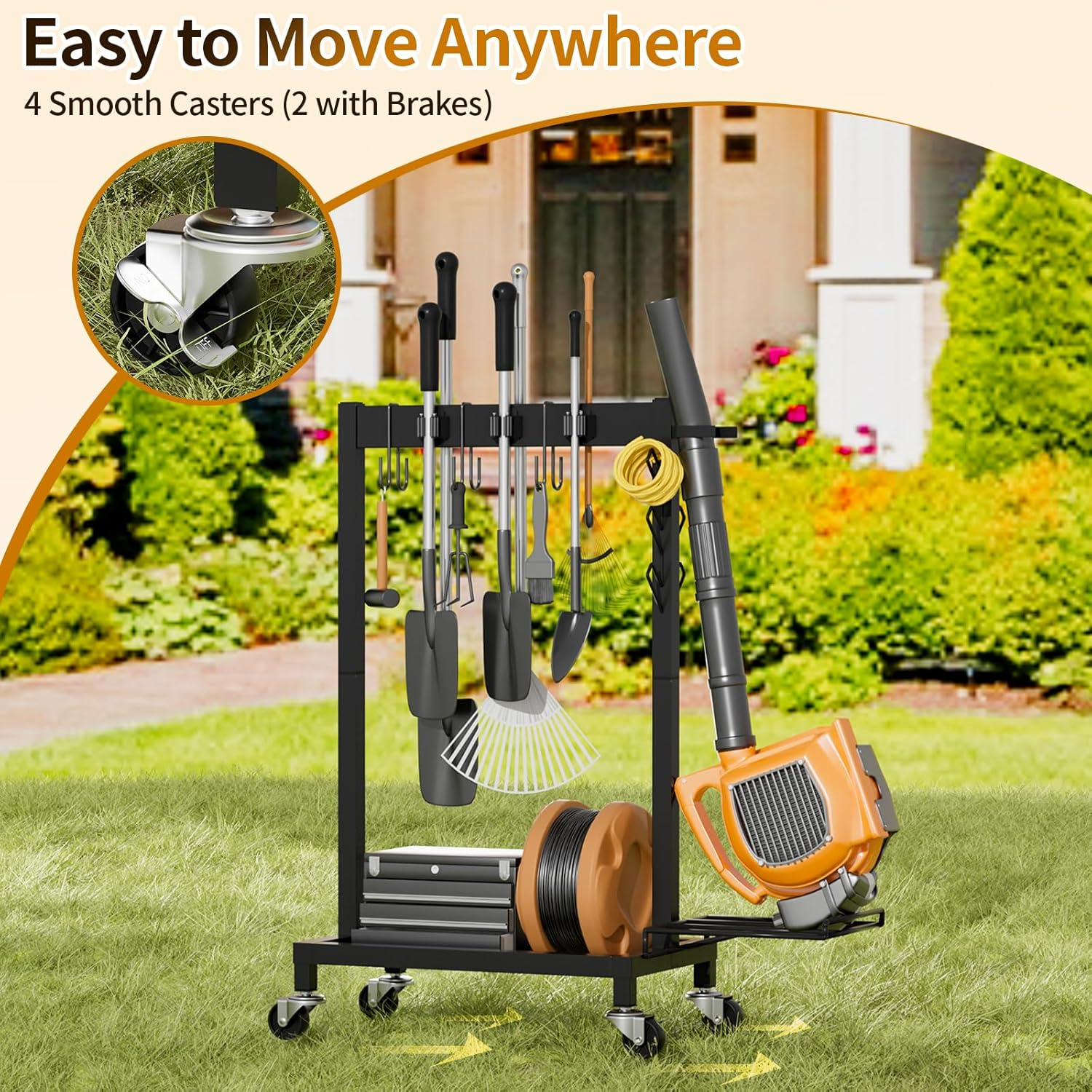 Broom Holder with Cleaning Supplies Organizer Load 160 LBS Cleaning Cart with Wheels Broom Closet Storage with 6 Mop Hanger Grippers, 3 Double-Hooks, Vacuum Stand for Laundry Garage Organization image number 4