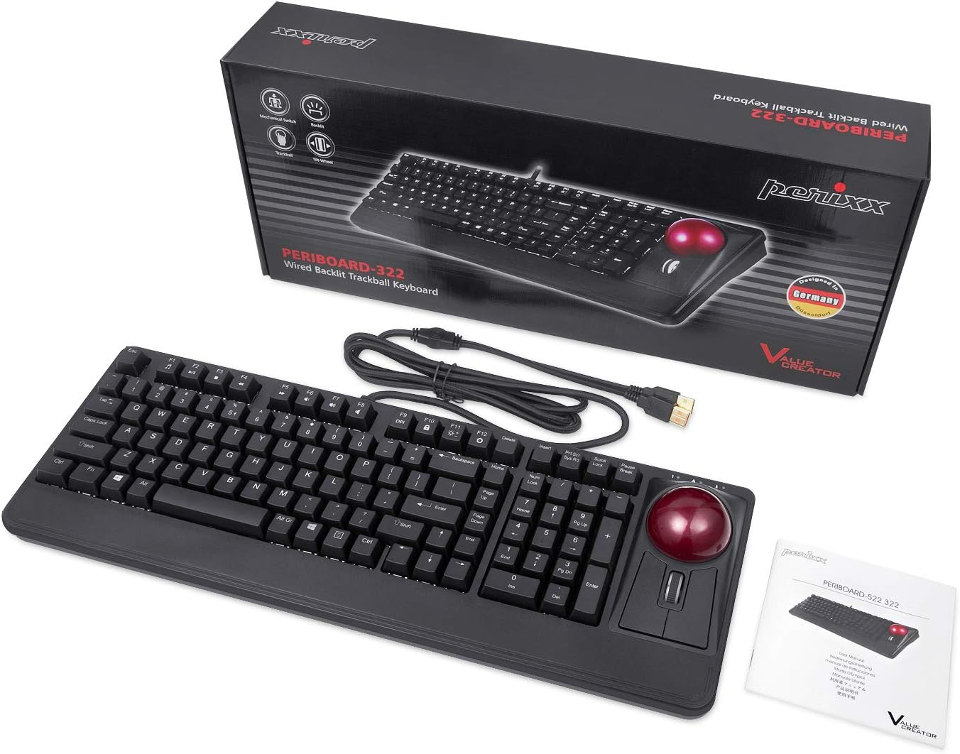 Perixx Periboard-322 Wired Mechanical Trackball Keyboard with 2 Hubs, 2.17 Inch Large Trackball, RGB Backlit Design, US English Layout (PB-322BUS-11577)