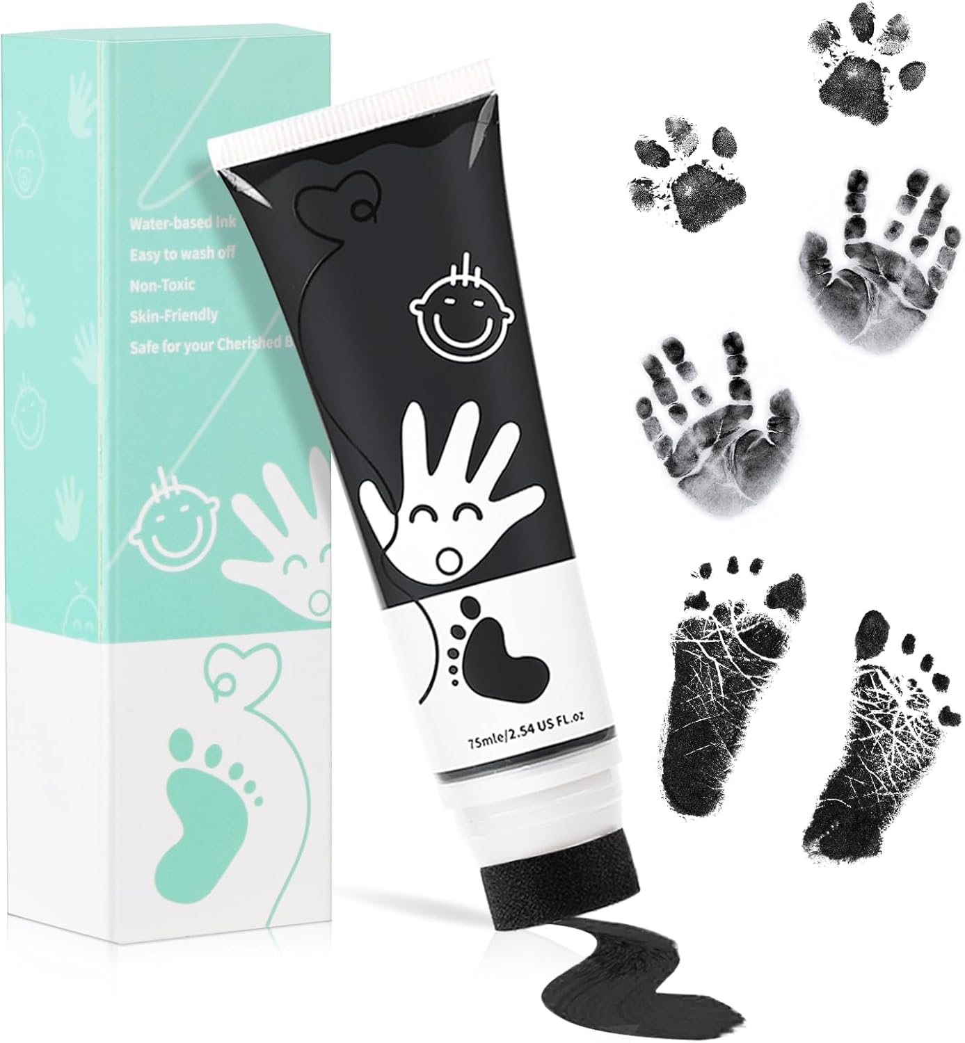 75Ml Black Baby Hand and Footprint Ink Kit, Baby Handprint Footprint Paint, Dog Cat Paw Print Kit, Washable, Non Toxic Acid-Free, Safe Gentle for Home Christmas New Year DIY Keepsake Stamp image number 6