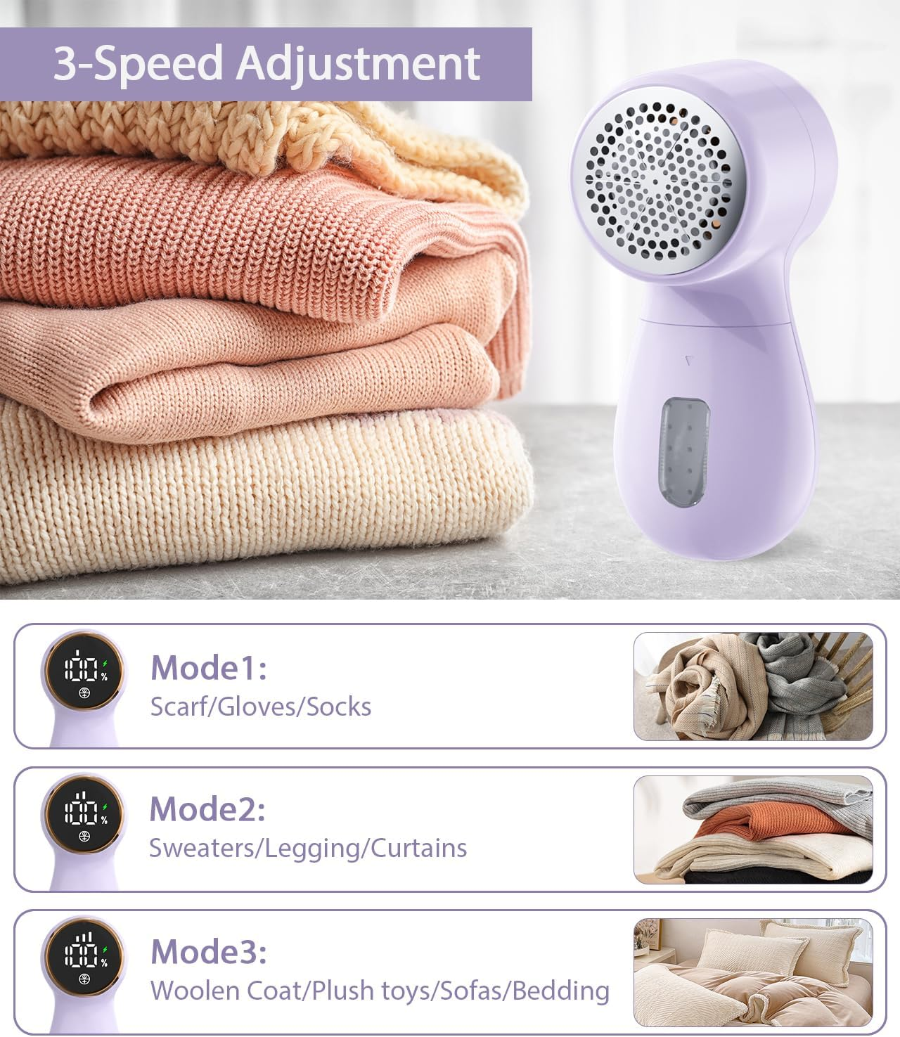 Portable Fabric Shaver with LED Display, Rechargeable Lint Remover for Clothes-Efficient 3-Speed Sweater Shaver with 6-Leaf Blades,Fast Charging Lint Shaver (Purple) image number 5
