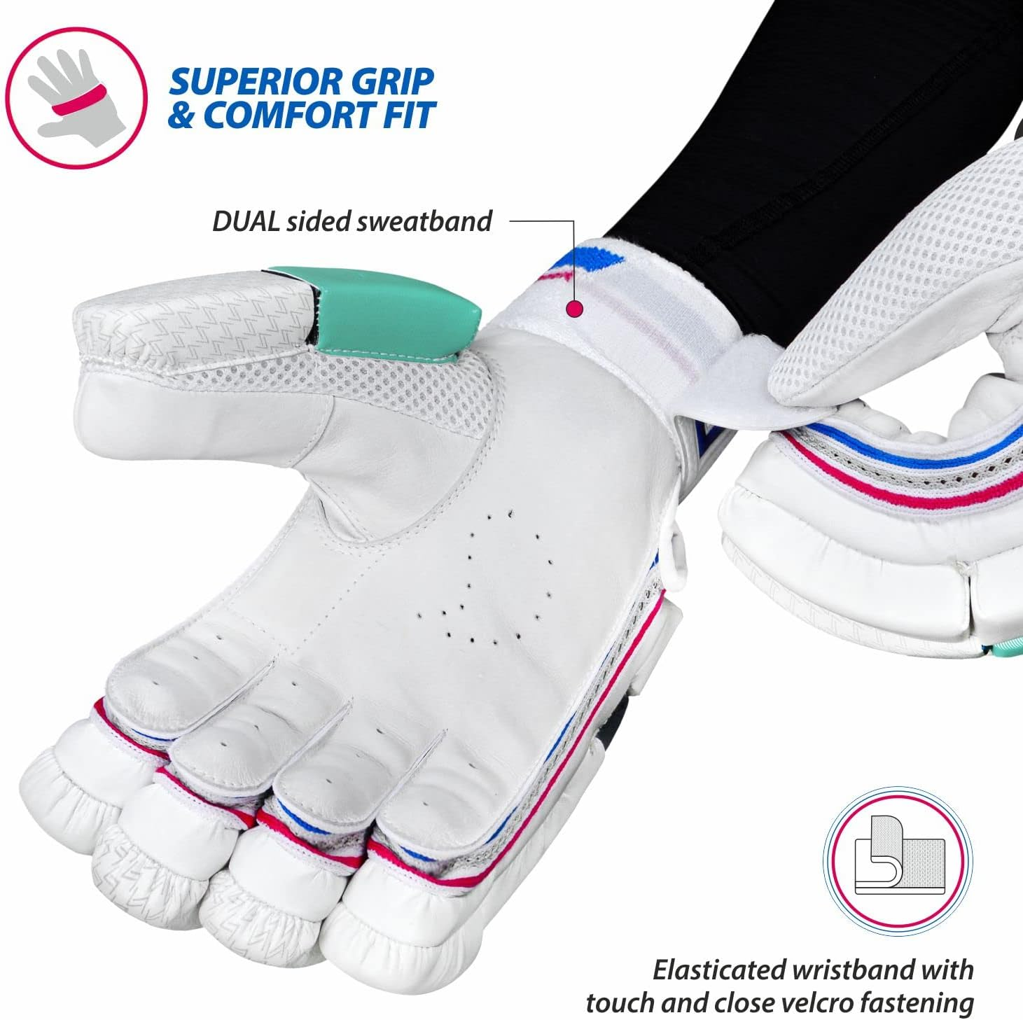 DSC Intense Valor Leather Left Handed Cricket Batting Gloves for Mens, White Turquoise| Softball Batting Gloves -Durable Full Wrap Cage Practice Gloves - Reinforced Wrist + Heavy Duty Leather image number 1
