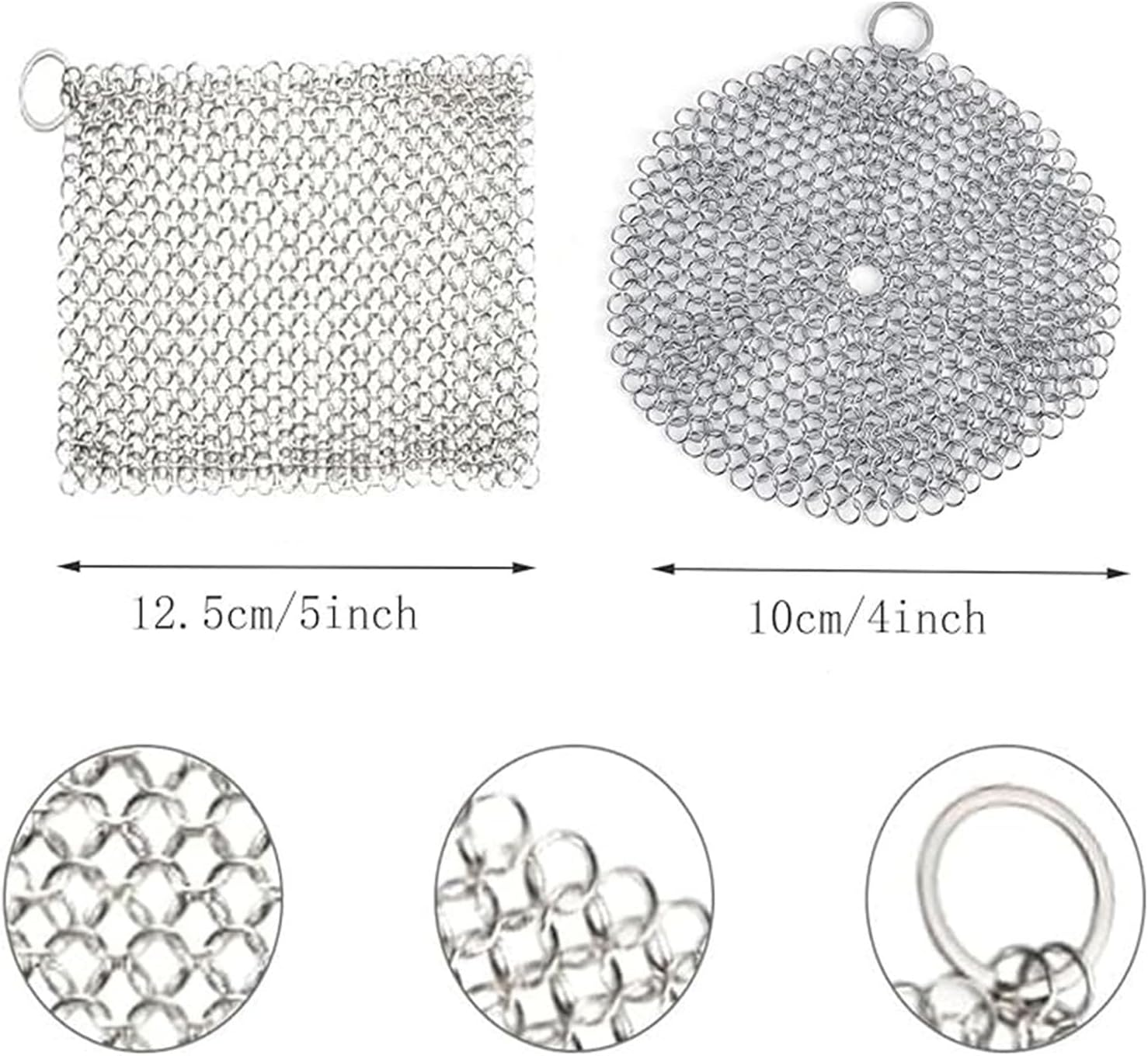 Cast Iron Skillet Cleaner Chainmail Srubber, 2 Pack 5"X 5" Rectangle & 4"X 4" round Premium Stainless Steel Chain Maille Scrubber Metal Scrubber for Cast Iron Pans CS03 Skillet Wok Pot Glassware image number 3