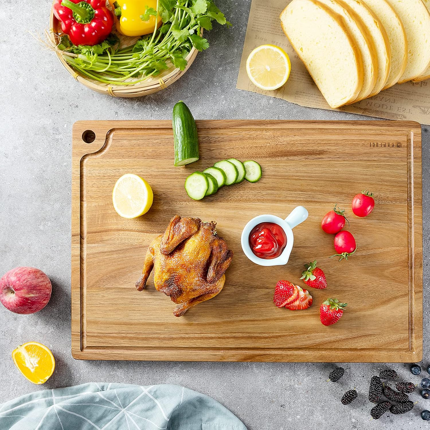 Extra Large Reversible Wood Cutting Board with Juice Groove - Caperci Better Kitchen Acacia Wood Edge Grain Chopping Board for Meat Cheese and Vegetables (XL 20 X 14 '')