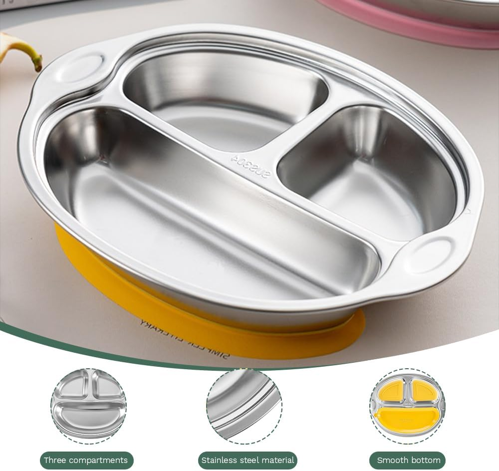 Stainless Steel Baby Suction Cup, Divided Dining Tray, Children'S Tableware Toddler Dining Tray, Baby Food Suction Cup Non-Slip Bowl, Suitable for Babies, Toddlers and Children