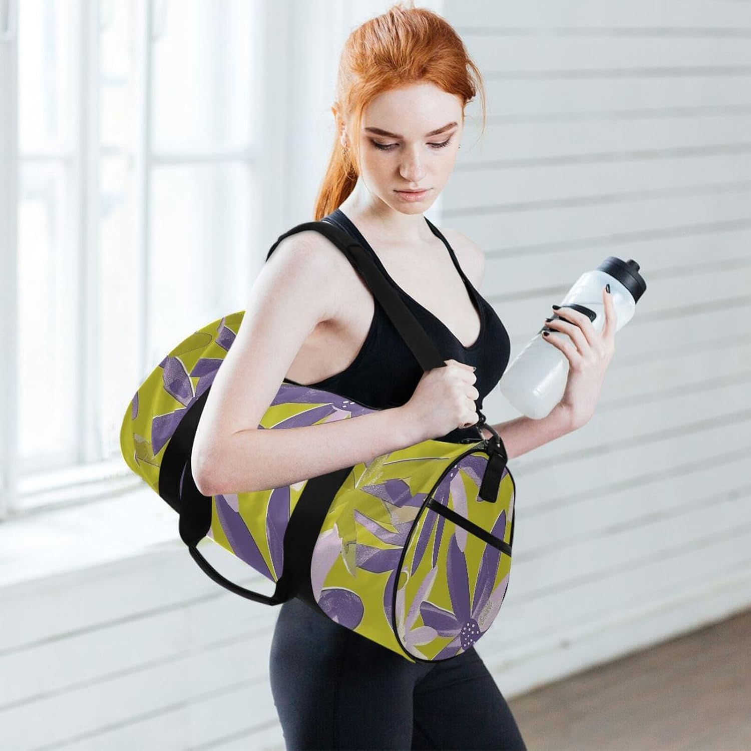 Purple Flower Green Pattern Travel Tote Bag Travel Weekender Gear Bag Hiking Multifunctional