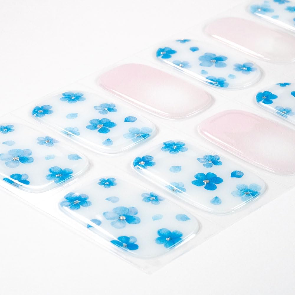 Wilana Gel Nail Stickers - Long-Lasting Semi-Cured Gel Nail Strips - Blue Flowers with Pale Pink (Whisper) image number 6