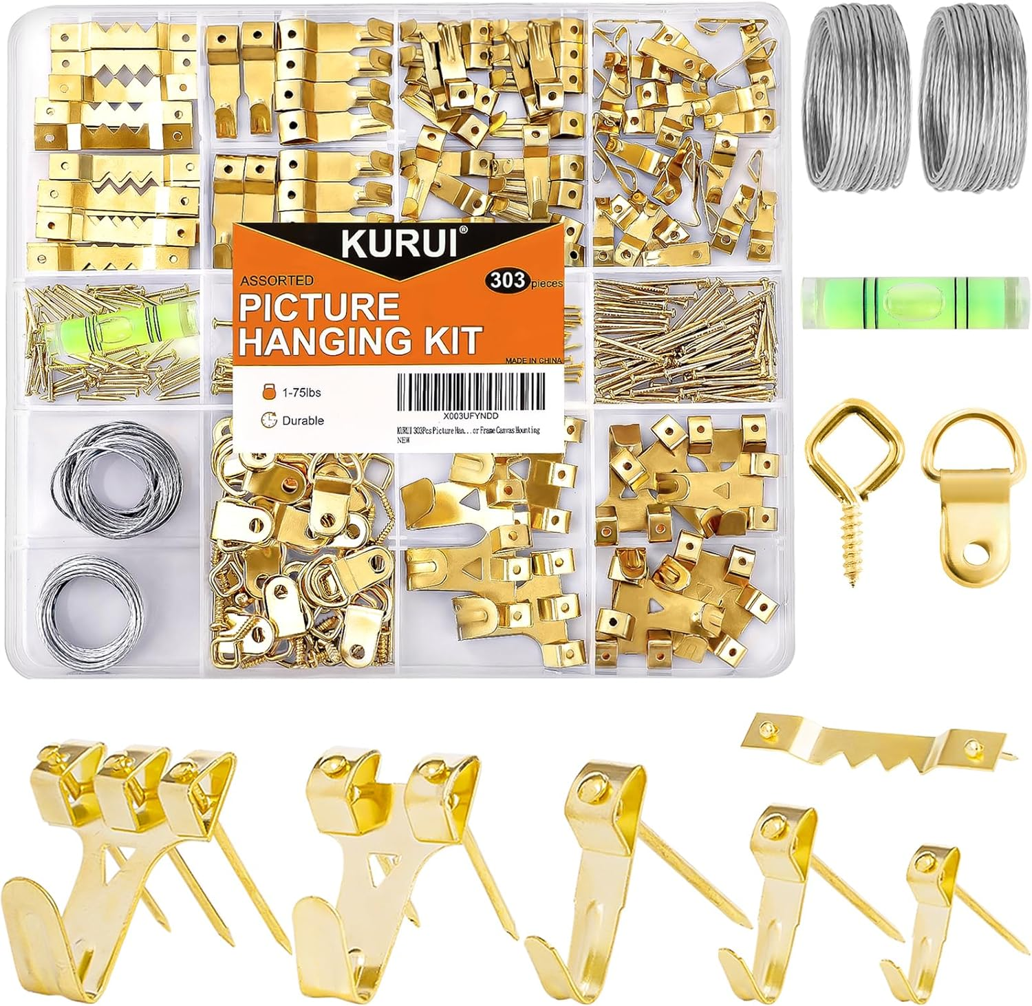 KURUI 303Pcs Picture Hanging Kit, Picture Hangers Assorted Kit with Heavy Duty Wall Hooks, Sawtooth, Picture Wire, D Rings, Hardware Nails, Eye Hooks and Picture Hanging Tool for Frame Canvas Mounting image number 4