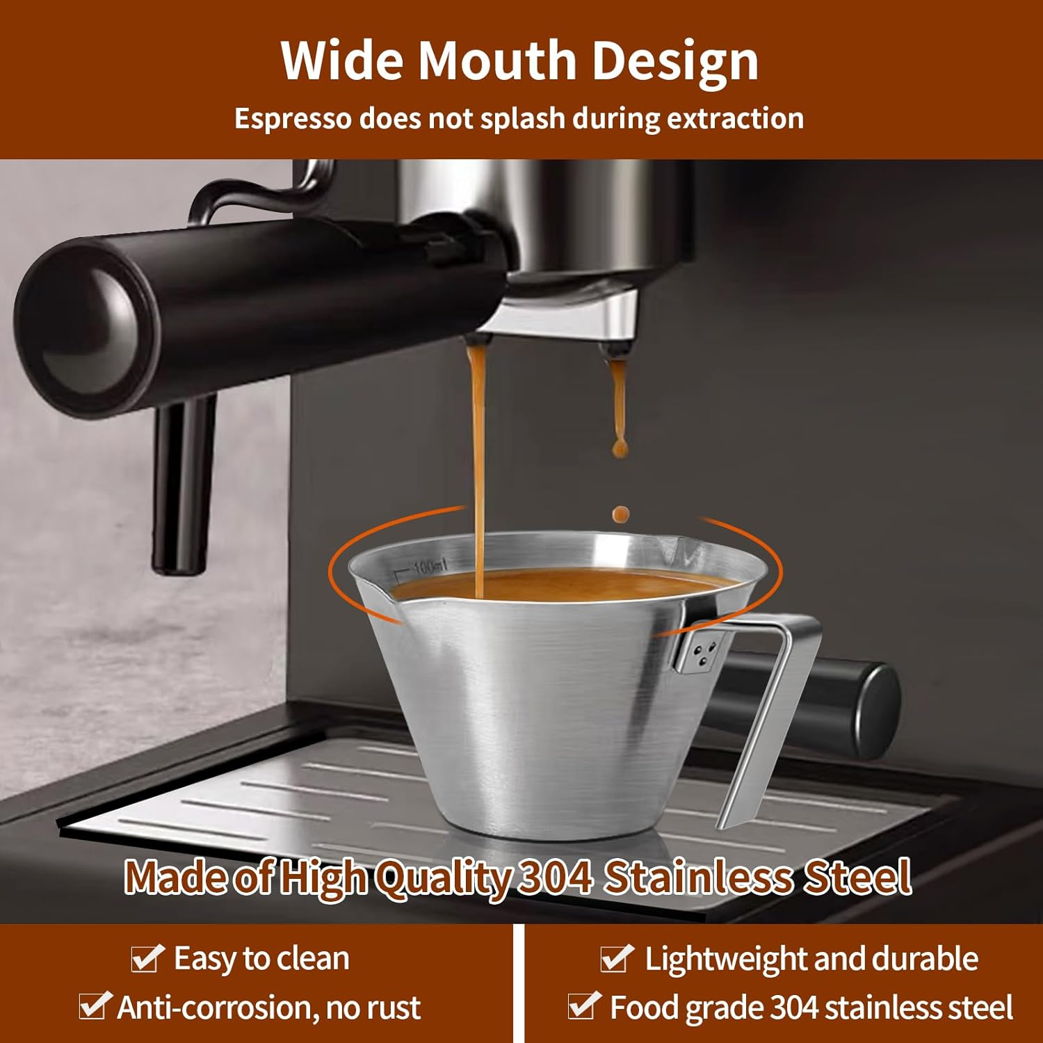 YARRAMATE Espresso Cup with Handle, Stainless Steel Accessories 2Pcs, Double Spout Metal Measuring Cup with Dual Scale, V-Shaped Mouth Shot Glass (Silver), 3.4OZ / 100ML image number 5