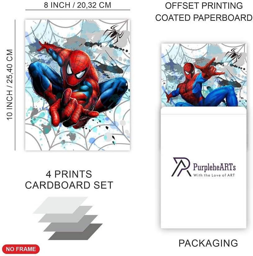Purplehearts | Spiderman Watercolor Wall Art Poster Prints Set of 4 UNFRAMED ( 8'' X 10'' ) Posters for Boys Room Decor, Avengers Poster, Superheroes Art, Room, Multicolor, 8''X10''