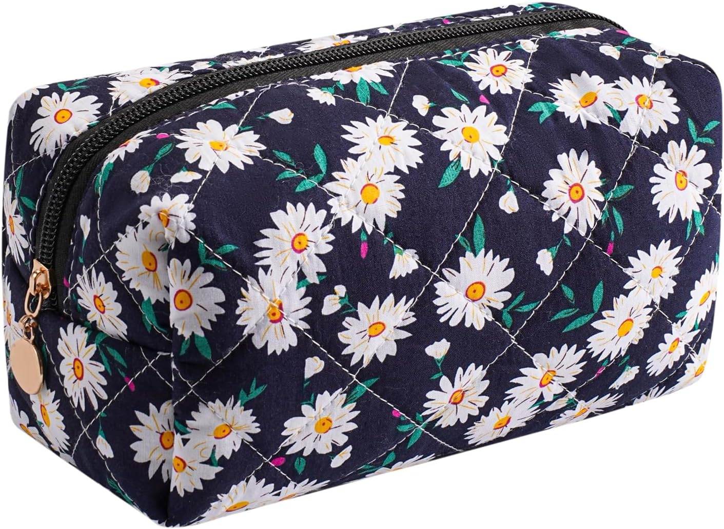 Cute Daisy Makeup Bag Small Cotton Quilted Floral Cosmetic Bag Travel Make up Pouch Toiletry Organizer Gift for Women Girls, Jade Green