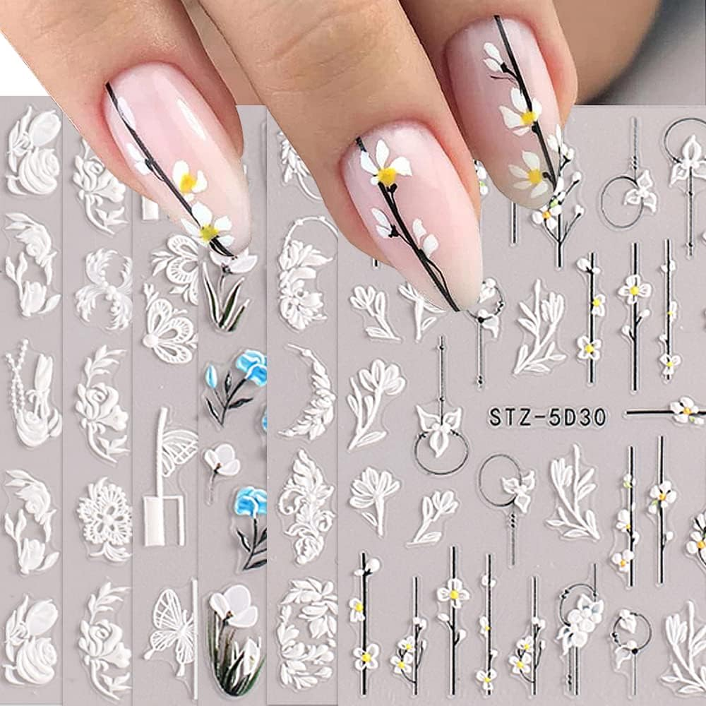 Nail Stickers, Self-Adhesive, 6 Sheets, 5D Nail Stickers, 5D Flowers Nail Art Stickers, White Nail Design for DIY Nail Decoration image number 3