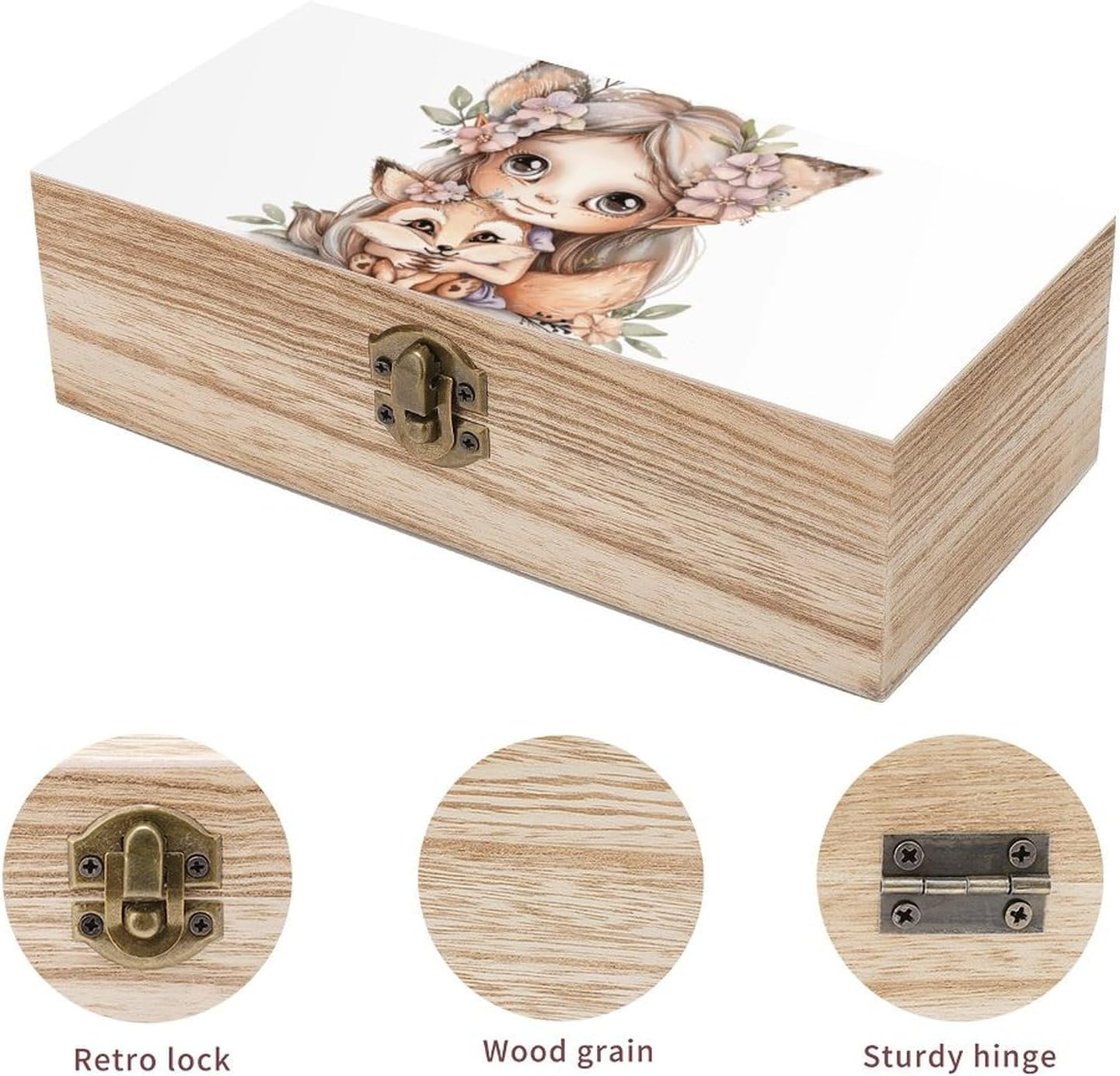 Fox and Girl Wooden Box Wood Wedding Keepsake Boxes with Lids Small Decorative Boxes Lightweight Wooden Memory Storage Box for Crafts Keepsakes Jewelry Photo Letter Storage