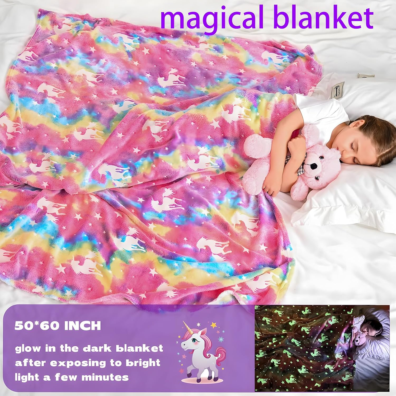 MAKTOR Unicorn Gift Set for Girls Ages 3+, Includes Glow Blanket, Water Bottle, Crossbody Bag Eye Mask, Drawstring Bacpack & Bracelets, Perfect for Birthdays, Holidays, Special Occasions image number 3