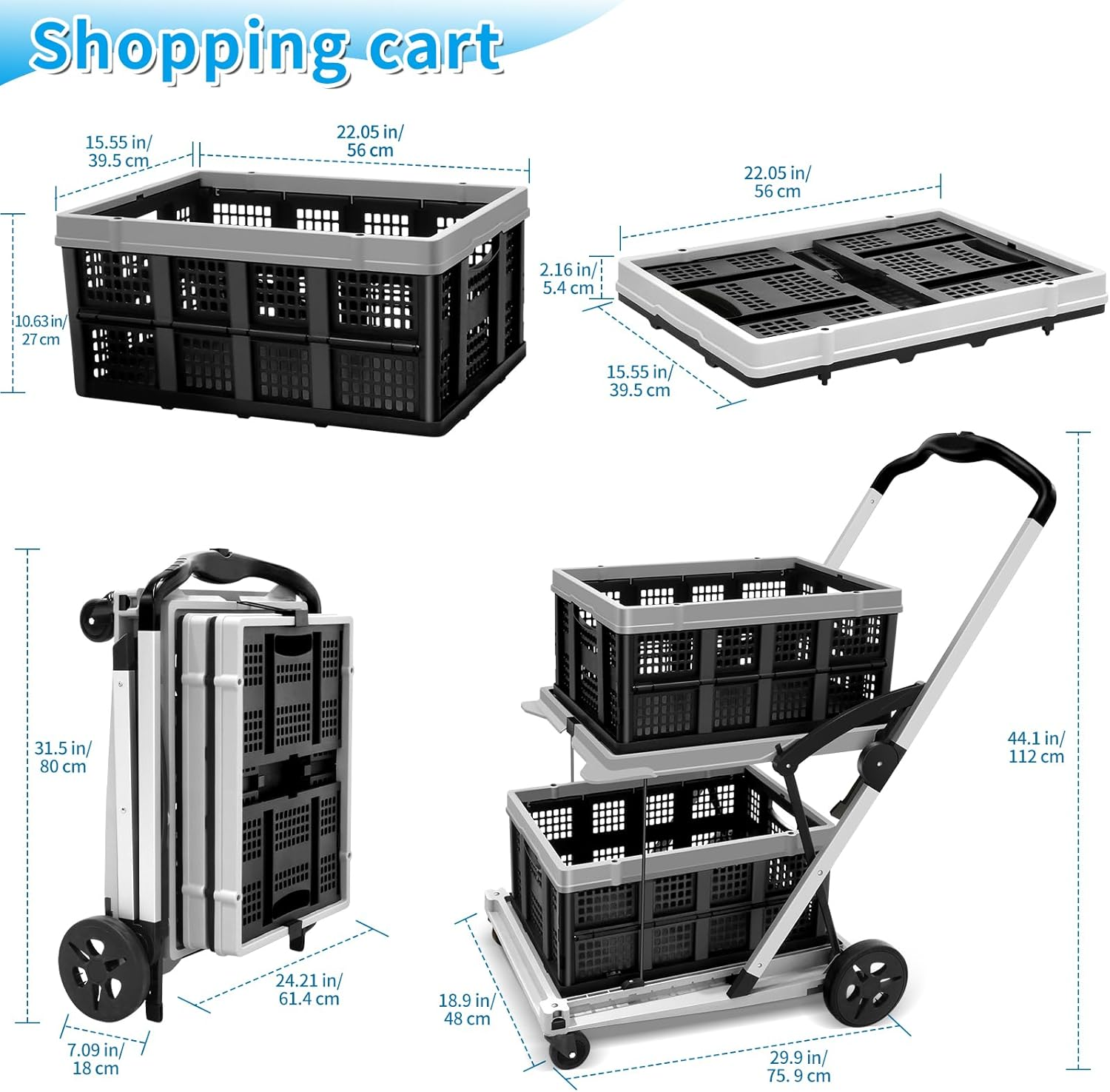 SNSUTY Folding Shopping Cart, 30 19 44 In, 200 Lbs Multi Functional Collapsible Carts with 2 Storage Crates, Folding Trolley with Wheels, Double Layer Portable Trolley for Supermarket, Office（Gray） image number 2
