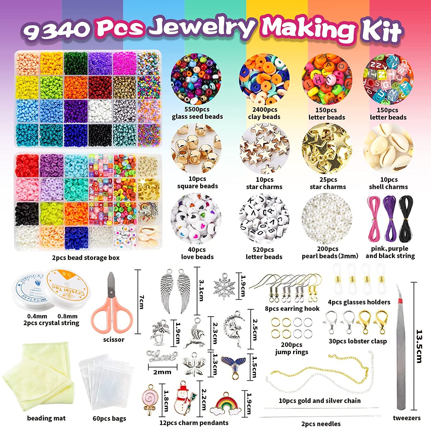 AKILION Beads for Jewellery Making Kit Includes 5500 Pcs Glass Seed Beads 2400 Pcs Flat Clay Beads 820 Pcs Alphabet Beads Pearl Beads Pendant Jewelry Wire, DIY Beading Kit, Necklace Bracelet Earring Making Kit, Arts & Drafts Supplies for Kids, Gift Set for Teens Girls image number 4