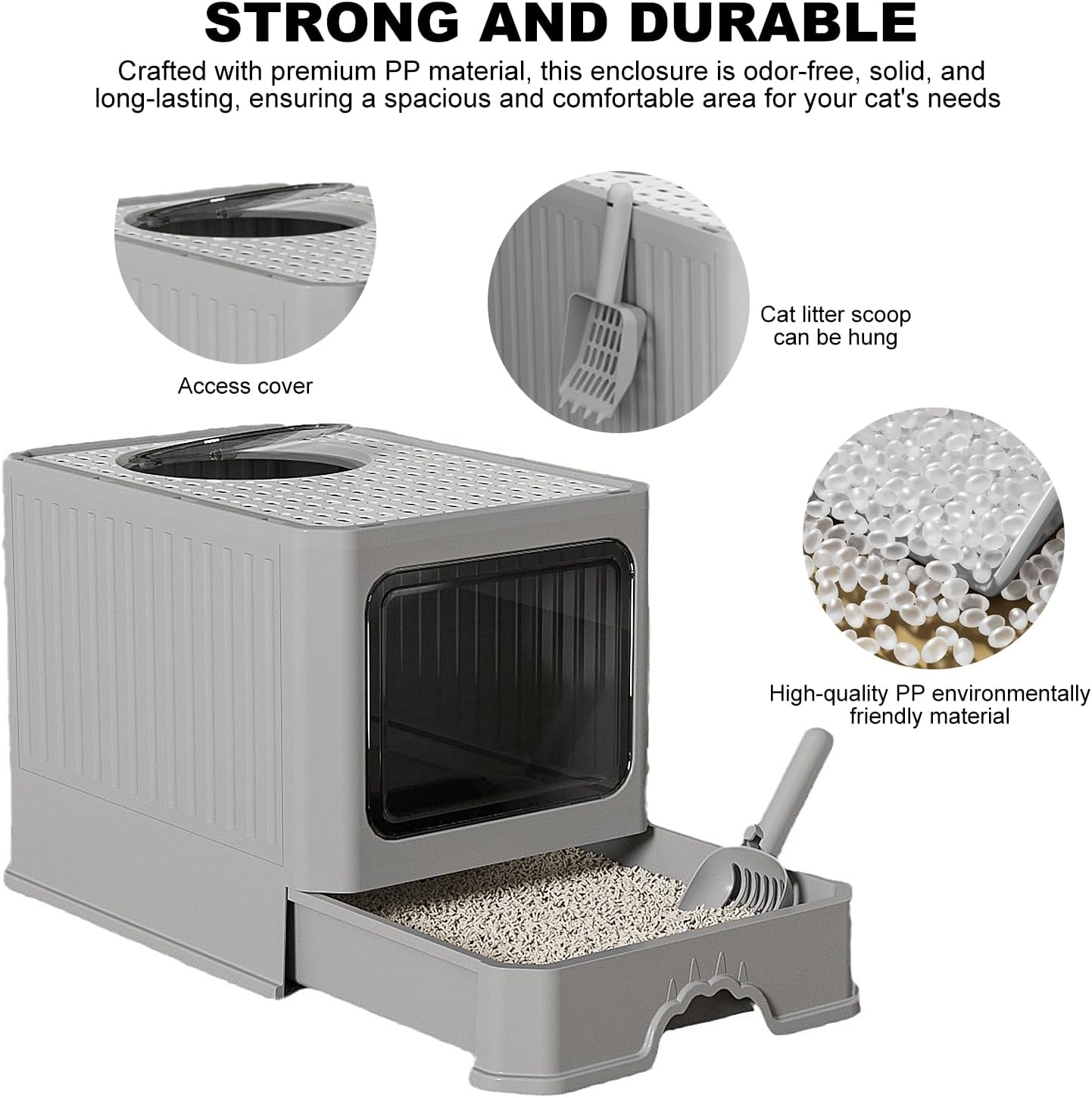 Extra Large Cat Litter Box, 50X40X40Cm Cat Litter Box Front Entry with Lid Fully Enclosed, Drawer Design and Cat Teaser for Easy Cleaning and Convenience (Grey, L) image number 5
