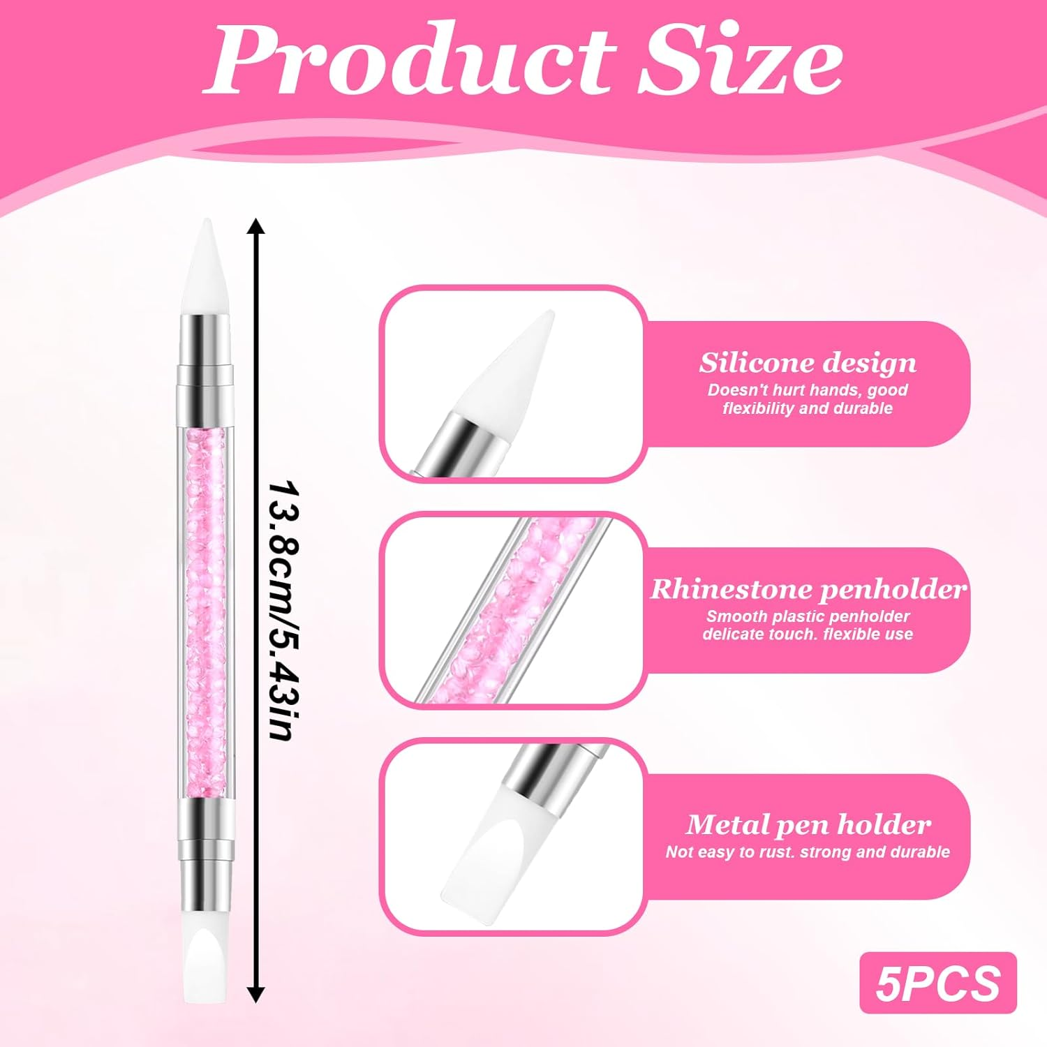 5 Pcs Nail Art Sculpture Pen, Dual Tipped Silicone Nail Tools, Silicone Head Acrylic Handle Nail Art Brushes, Rhinestone Nail Polish Carving Pen, Nail Art Tools for Home Salon (Pink) image number 4