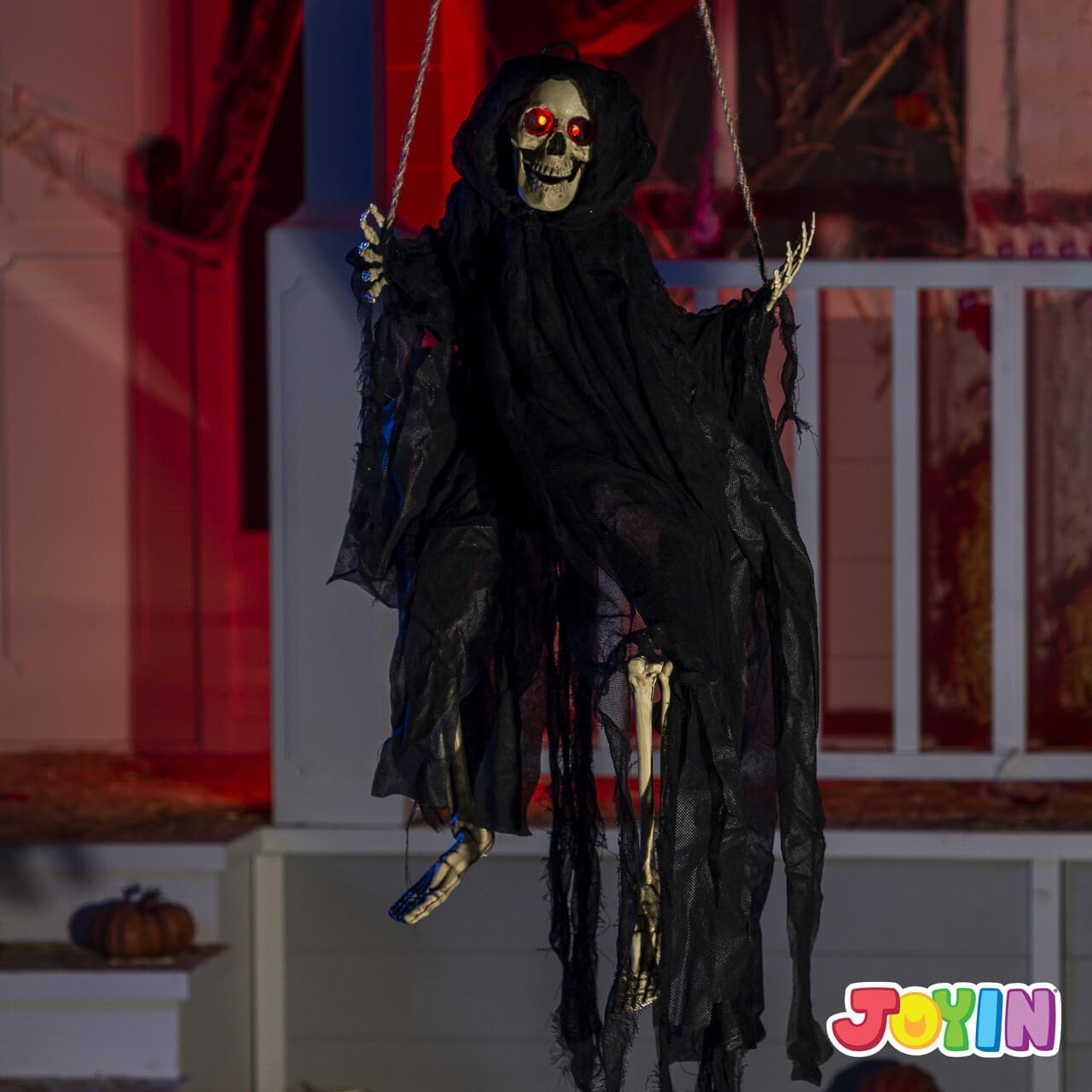 JOYIN Outdoor Halloween Decorations 2 Packs Hanging Ghosts Decor with Lighted up Eyes, 3Ft Scary Grim Reaper Swinging Skeleton Flying for Yard Patio Lawn Garden image number 2