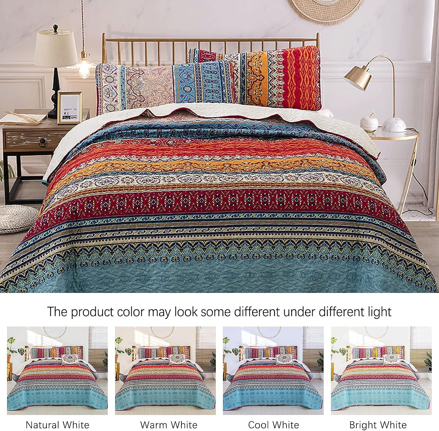 Bohemian Quilt Set King, Boho Striped Printed Bedding Bedspread Coverlet Set for Summer, Lightweight Microfiber Quilt with 2 Pillowcases King Size 90"X103" (3 Pieces, Colorful) image number 4