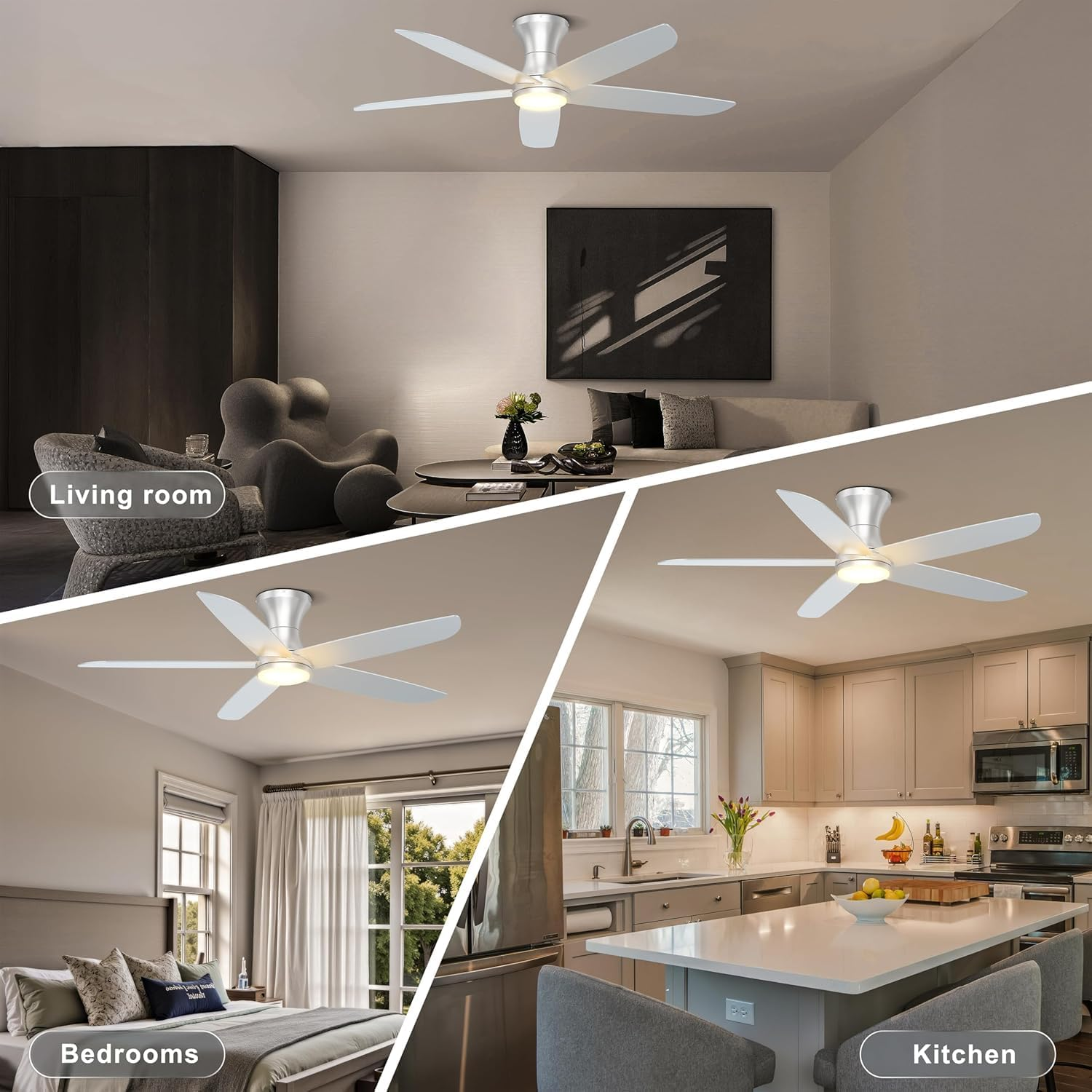 Ohniyou 46 Inch Ceiling Fan with Lights, Low Profile Ceiling Fans Remote/App Control - Dimmable, Silent DC Motor, Indoor Ceiling Fan for Bedroom Kitchen (Silver) image number 3