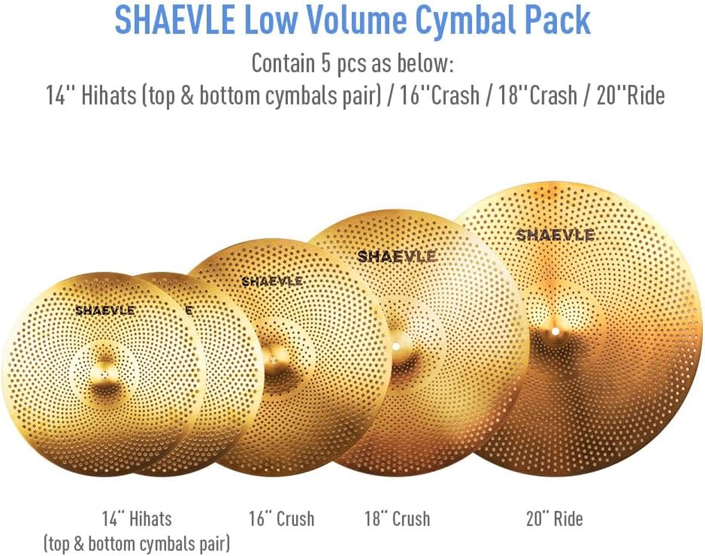 SHAEVLE Low Volume Cymbal Pack Golden Mute Cymbal 14"Hi-Hat+16"Crash+18'Crash+20"Ride Quiet Drum Cymbal Pack for Practice image number 6