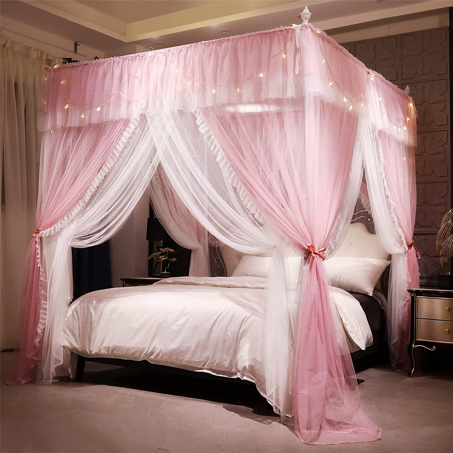 VETHIN 4 Corners Post Ruffle Princess Bed Canopy Curtain-Double Layer Cozy Drape Netting 4 Opening Mosquito Net for Girls Adults Bedroom Decoration (Pink/Whtie, 53" W*78" L*82"*H/(Full)) image number 4