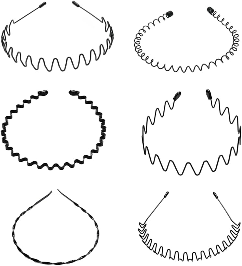 6 Pcs Metal Hair Band for Men Women'S Hair Hoop Clips, Metal Hair Band for Men Unisex Wavy Headbands Outdoor Sports Headbands Hair Bands Unisex Black Elastic Non Slip Headwear Accessories