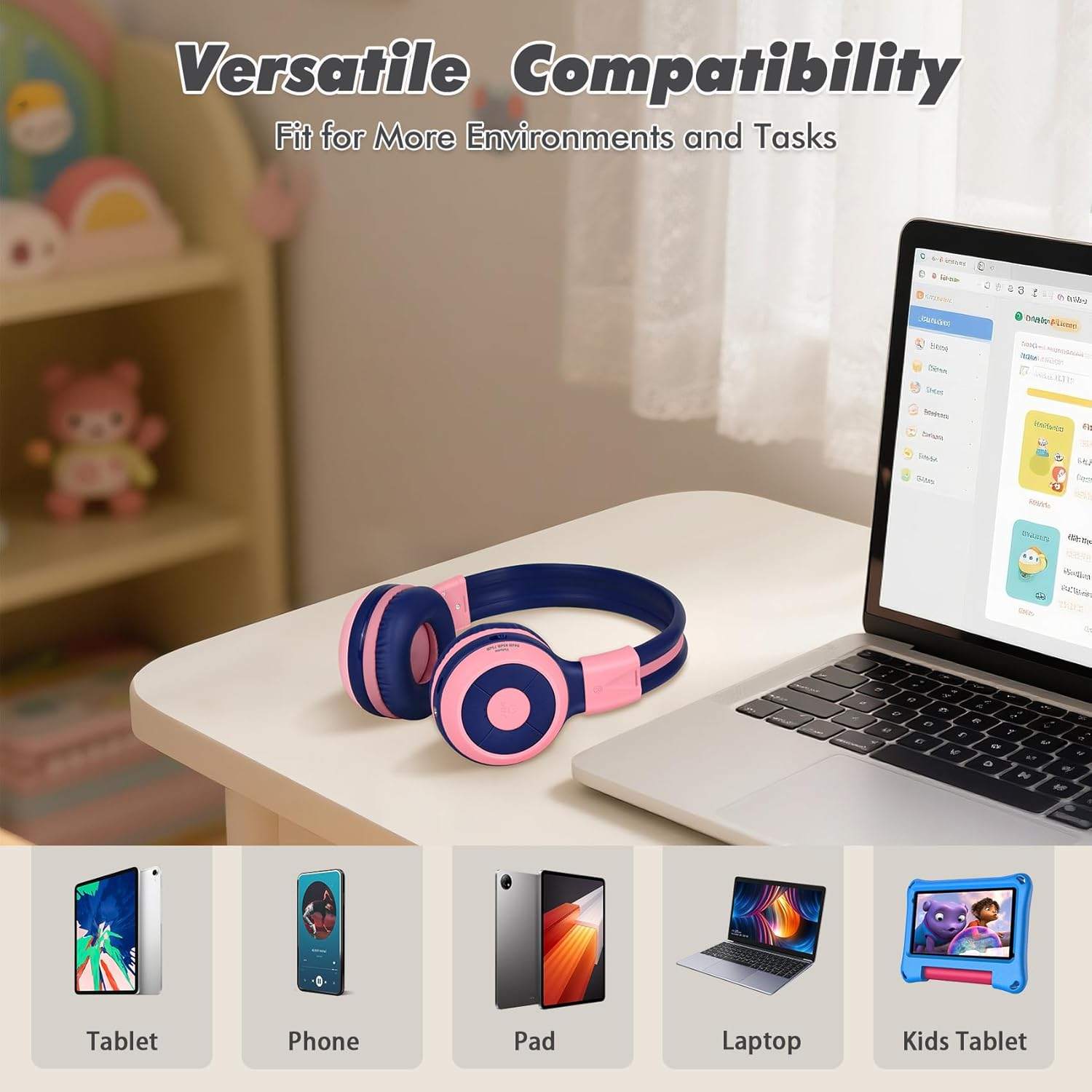 SIMOLIO Kids Headphones Bluetooth with 75Db,85Db,94Db Safe Volume for Hearing Protection, Wireless Headphone for Kids with Mic & Share,Foldable Kids Headset with In-Line Audio Control for Girls (Pink) image number 5