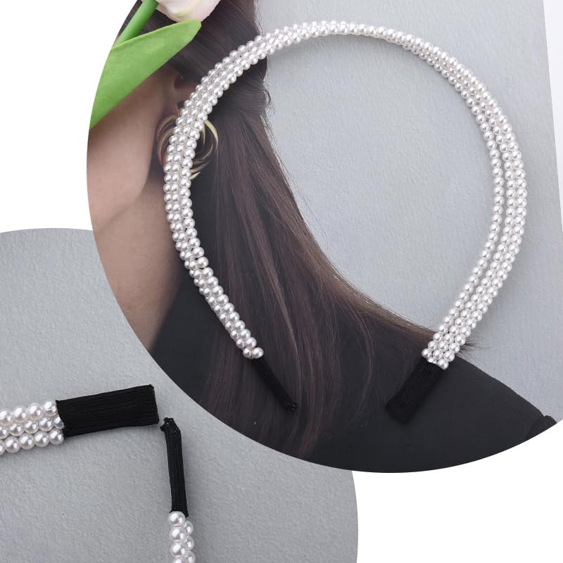 Thin Layered Pearl Headband for Girls Women Layered Hair Accessories Wedding Bridal Thin Headband White Pearl Hair Band Pearl Beaded Headband 3 Layer Hairband Skinny French Pearl Headbands image number 1