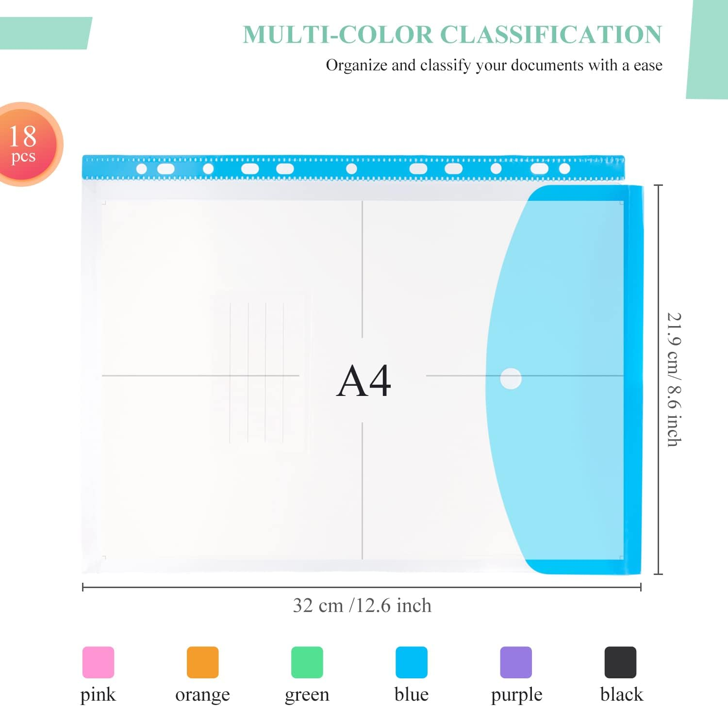Plastic A4 Punched Pockets - 18PCS Expandable Folders Document Files with Button Closure and Label Pocket for Home, Office and School, Assorted Colours image number 3