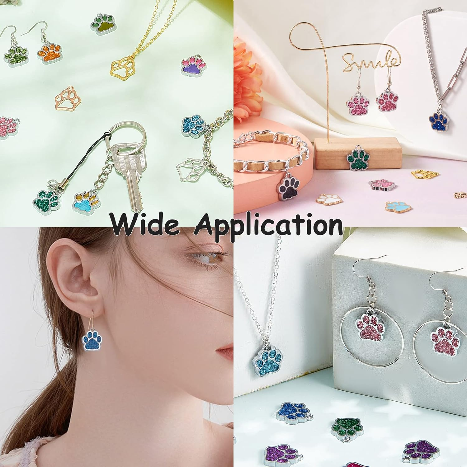 Crafans Animal Cat Dog Paw Charms with Glitter Powder, Alloy Enamel Puppy Footprint Charms Paw Prints Pendants for Jewelry Making, Metal, No Gemstone