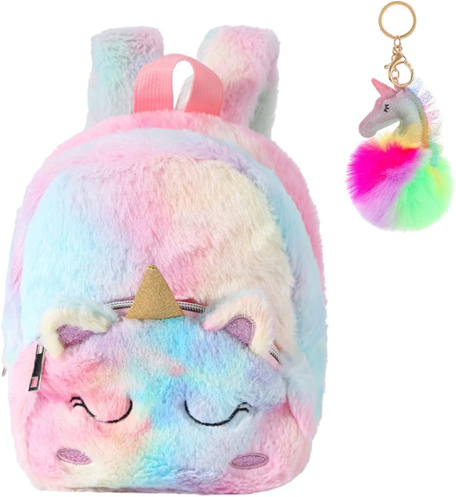TOMVAES Unicorn Backpack for Kids,With Unicorn Pendant,Plush Unicorn Backpack,Fluffy Mini Unicorn Backpack Bags for Girls Kids Travel Plush Rainbow Schoolbag