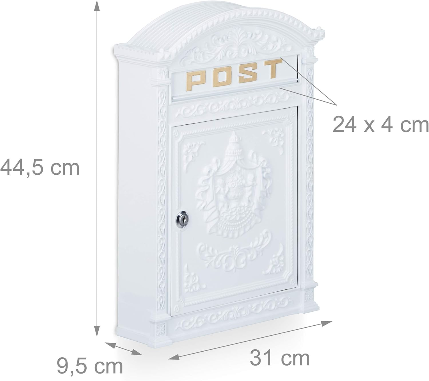 Relaxdays Antique Letterbox, 44.5 X 31 X 9.5 Cm, English-Style Wall-Mount Mailbox, Cast Aluminum, for DIN A4 Letters, with Roof, White image number 4