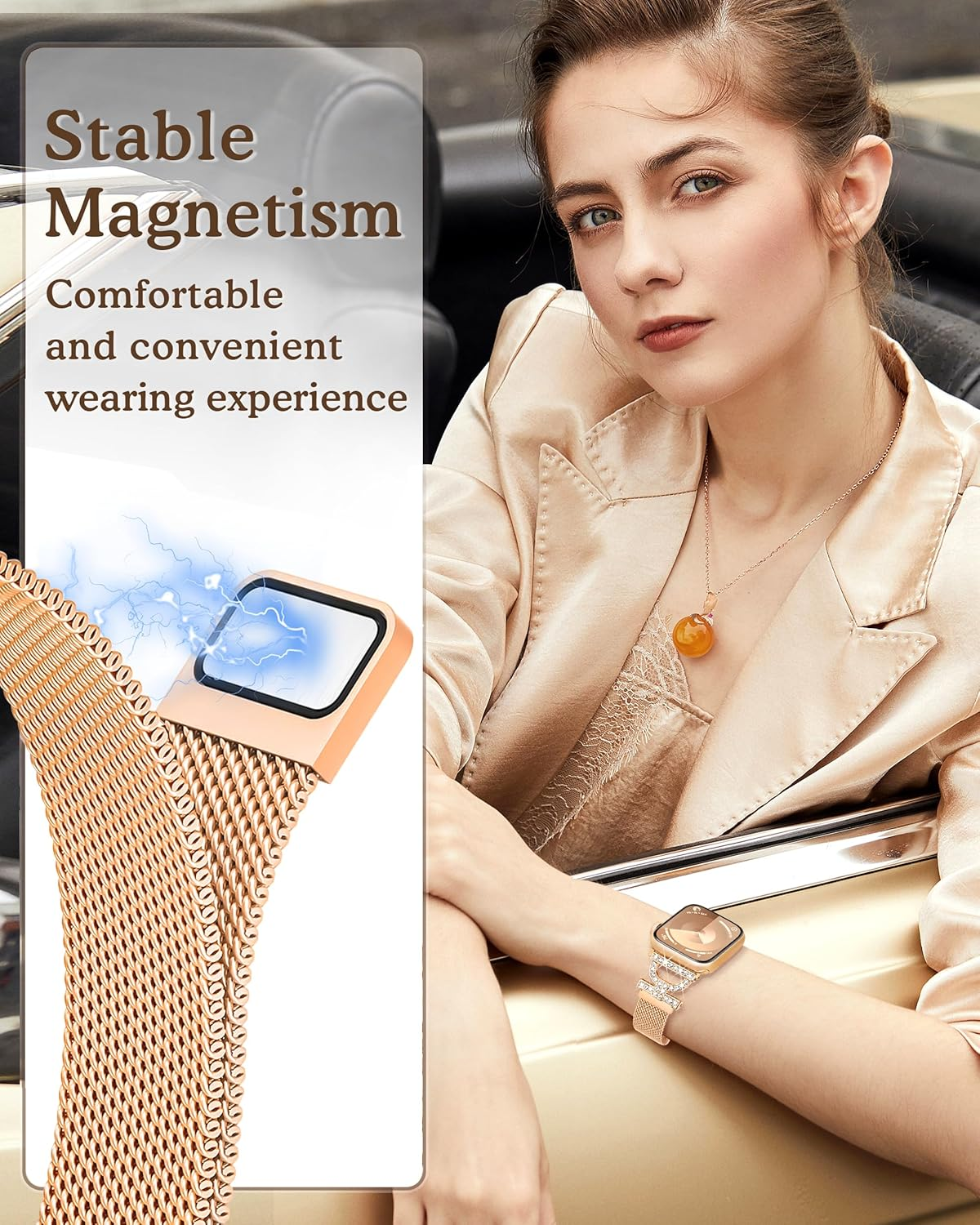 Vamyzji Compatible with Apple Watch Band 49Mm 46Mm 45Mm 44Mm 42Mm (Series 3 2 1), Silm Fashion Bling Magnetic Milanese for Apple Watch Series 11 10 9 8 7 6 5 4 3 2 1 SE, Metal Iwatch Strap for Women image number 4